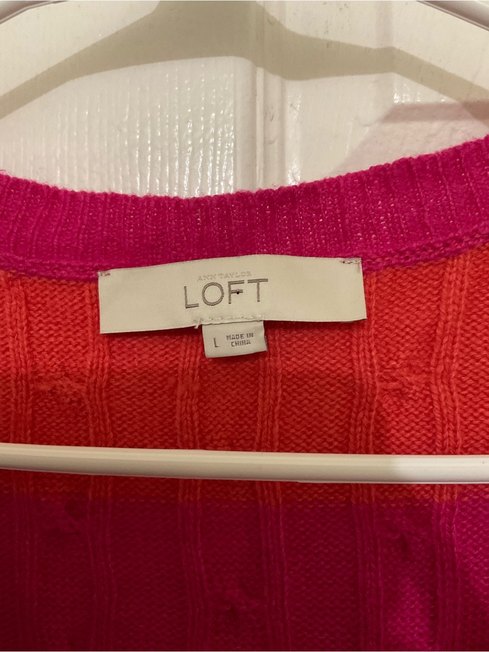 LOFT Women's V-Neck Striped Sweater in Fuchsia and Coral - Picture 2 of 4